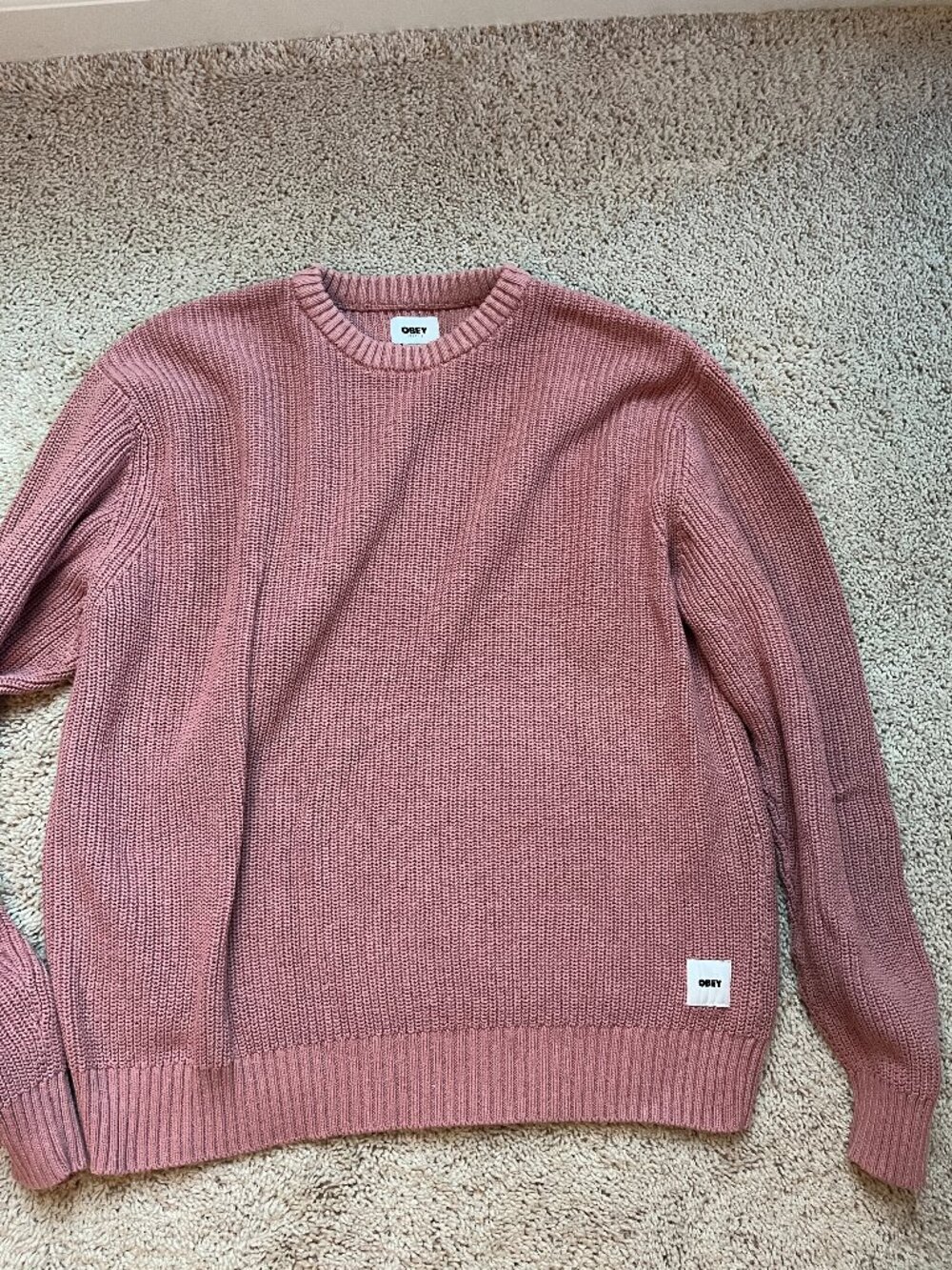 OBEY Organic Chunky Ribbed Knit Sweater Dusty Rose Pink Men Size XL